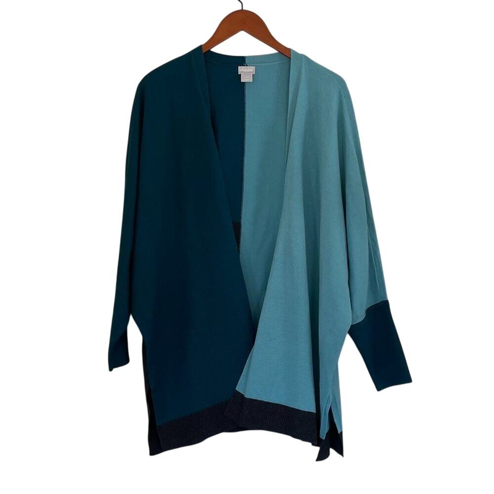 Chico's Cool Colorblock Blue Dolman Sleeve Open Front Cardigan, Size L/XL